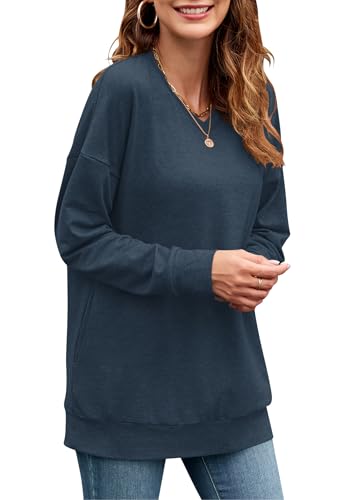 PLOKNRD Femme Sweatshirt Col V Pull à Manche Longue Loisirs Lâches Top Blouse Chic et élégant avec Poche(Bleu Marine,S) – vue 2