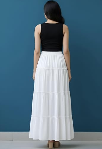 Image of Women's Rayon Full Length Maxi Skirt | Solid Black & White Regular Fit Skirt with Elasticated Waistband and Drawstring