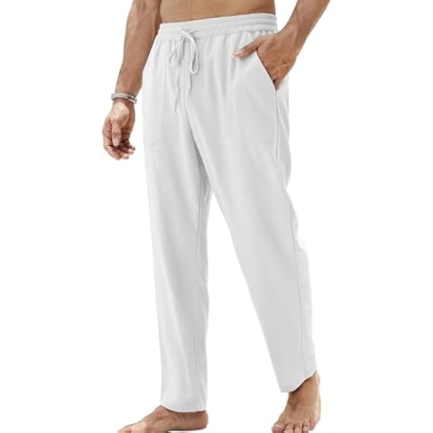 hawalili Mens Linen Pants Lightweight Drawstring Elastic Waist Casual Fitting Trousers White-XL Cover