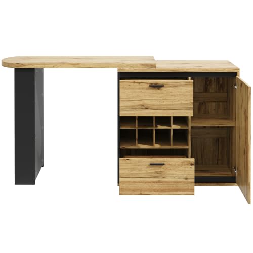 vutizal Stół do jadalni wysuwany z miejscem do przechowywania | 2 szuflady + regał na wino, imitacja słojów drewna MDF + metal, 140 x 80 cm (wysuwany 138-220 cm), nie zajmuje dużo miejsca, do kuchni i