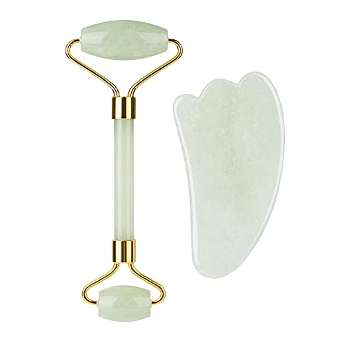 Jade Roller For Face, Rose Quartz Roller and Gua Sha Facial Tool Set - Face Roller: 100% Real Jade, Face Massager/Facial Roller for Skin, Eyes, Neck - Authentic, Durable, Noiseless Design (green)