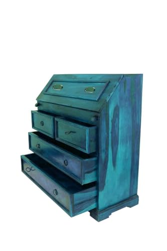 Image of Solid Sheesham Wood Writing Study Table for Students Office Desk Workstation Computer Laptop Table with Drawer Storage for Home Office Library Wooden Furniture (Blue)