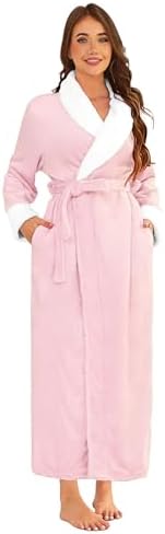 Hellomamma Long Hooded Robe for Women Luxurious Flannel Fleece Full Length Bathrobe Winter Warm Pajamas Shower Nightgown
