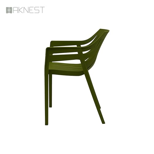 Image of OAKNEST Supreme Spectrum Plastic Arm Chair - Modern Slatted Stackable Chair for Living Room, Dining, Garden, Balcony, Restaurant & Cafe | Indoor Outdoor Designer Chair, Set of 4, Mehandi Green