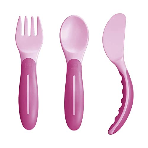 MAM Baby'S Cutlery Set Posate Antiscivolo,con Forchetta, Cucchiaio e Coltello, 6+ Mesi, Rosa