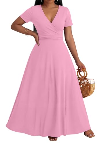 Image of CLOCOR Maxi Dress for Women Long Summer Short Sleeve Evening Formal V Neck A Line Dresses Wedding Guest Empire Waist Elegant