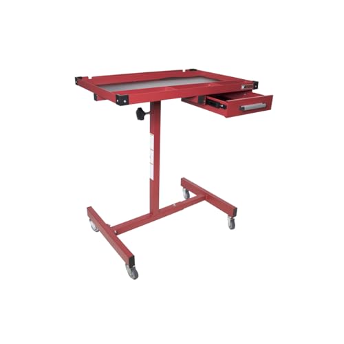 Image of K Tool International 75104 Adjustable Tear Down Work Table with Drawer for Garages, Repair Shops, and DIY, Portable, (4) 2" Swivel Casters, 200 Pound Capacity, Rubber Corners, Heavy Duty Steel, Red