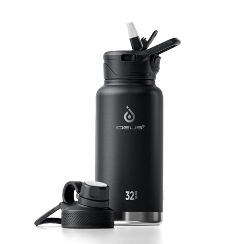 Image of IDEUS Vacuum Insulated Water Bottle, Stainless Steel Double Wall Flask Metal Sports Canteen with Leak-Proof Screw Cap (Black, 32oz (950ml))