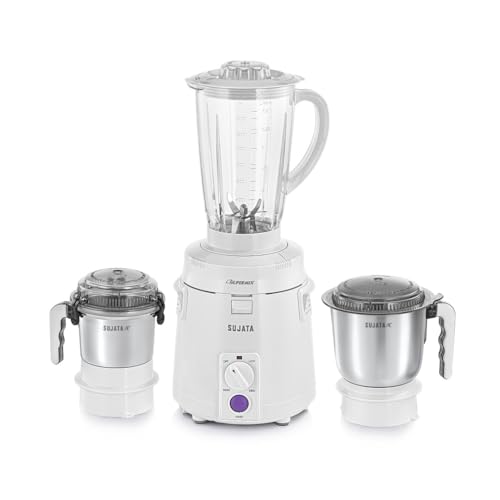 Sujata Supermix Mixer Grinder|900 Watts Double Ball Bearing Motor|22000 RPM|Non-Stop 90 Mins Running|3 Jars including 1750ml Blender, 1000ml Grinder, 500ml Chutney Jar| (White)