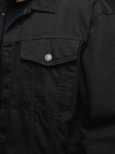 Image of The Souled Store Denim Jacket: Onyx Men and Boys Full Sleeves Spread Collar Black Solid Cotton Oversized Fit Durable Lightweight Everyday Denim Jacket