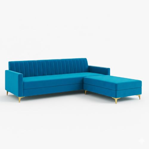 Image of SOCOZI Morello 4 Seater L Shape Sofa Set with Movable Ottoman | Flexible Left or Right Layout | Soft Velvet Suede Fabric | Modern Design | Plush Comfort Cushions for Living Room (Aqua Blue)