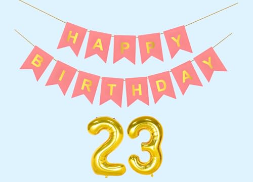 Image of 23rd Happy Birthday Decoration Kit Light Pink for 23 year Old Boys Girls Men with Number Twenty-three Party Decorations Decor Celebration Items Item Set Combo Reusable Paper Banner