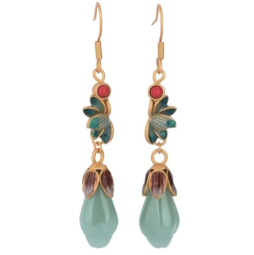 中国スタイル 古代チャイナ女性 オーナメント 天然翡翠 マグノリア フラワーイヤリング