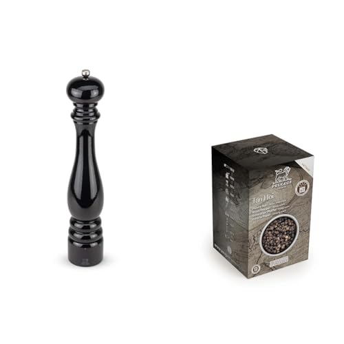 Peugeot - Paris u'Select Manual Pepper Mill - Adjustable Grinder - Beechwood, Gloss Black, 40 cm + PEUGEOT 42400 Tan Hoi Vietnamese Black Peppercorns, 140g, Wood