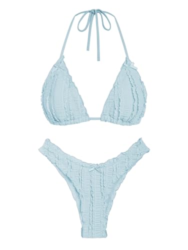 seamoly Womens Triangle String Halter Bikini Set - Cute Ruffle Swimsuit with Bowknot, 2 Piece Bathing Suit