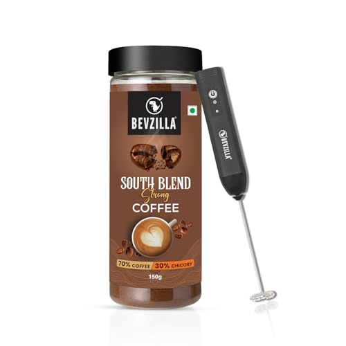 Image of Bevzilla 150 Gram Instant Filter Coffee Powder outh Blend With Rechargeable Frother | 70% Coffee, 30% Chicory | Extra Strong | Bold Taste | Quick Preparation | Perfact for Gifting