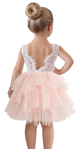 2Bunnies Girl Beaded Peony Lace Back A-Line Tiered Tutu Tulle Flower Girl Dress (Pink Sleeveless Short, 4T)