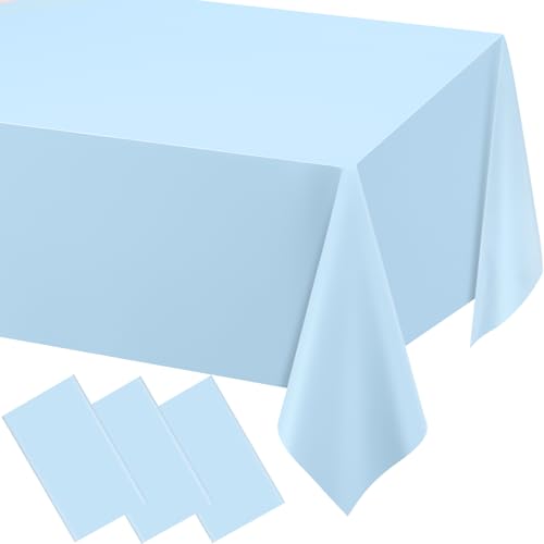 Image of WNINK 3 Pack Light Blue Rectangular Plastic Tablecloths, Blue Disposable Table Covers 54 inch x 108 inch Baby Blue Table Cloths for Baby Shower, Birthday, Bridal Shower, Engagement Wedding Parties