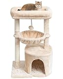 SYANDLVY Small Cat Tree for Indoor Cats, Kittens Condo with Scratching Post and Board, Modern Activity Tower with Cradle, Beige