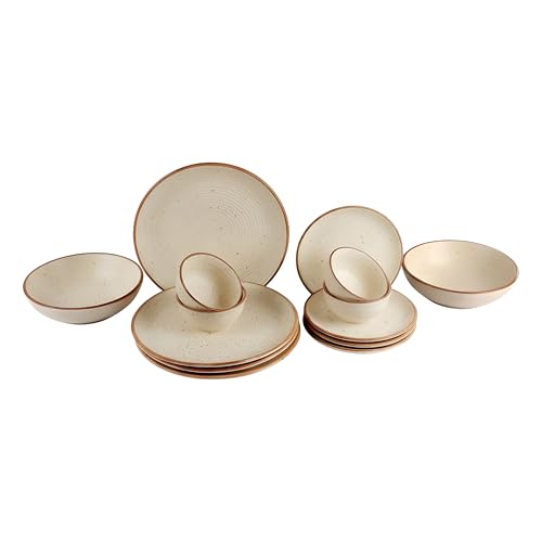 Image of Miah Decor Ceramic Dinner Set- 14-Piece Handmade Stoneware | 4 Bowls, 4 Quarter Plates, 4 Dinner Plates & 2 Serving Bowls | Off White Ribbed Matte Finish | Microwave & Dishwasher Safe | Ideal Gift