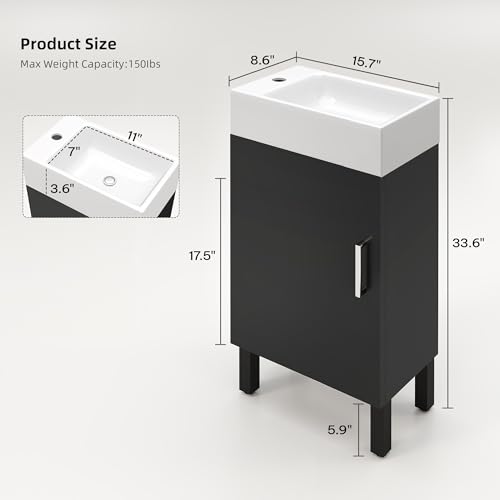 YITAHOME 16 Inch Bathroom Vanity with Sink, Bathroom Cabinet Vanity for Small Space, Freestanding Storage Bathroom Vanity with 1 Soft Closing Cabinet, Black - Image 3