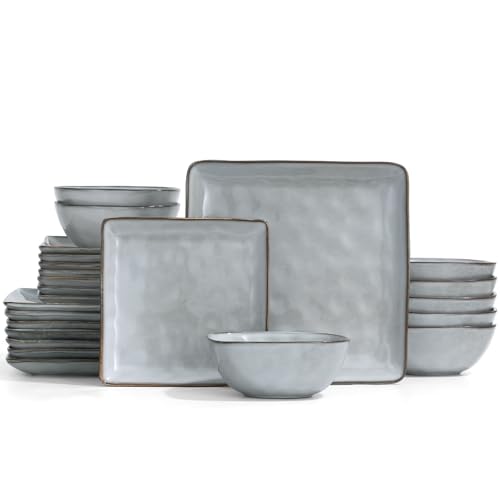 Image of Famiware Dinnerware Sets for 8, Ocean Square 24-Piece Kitchen Plates and Bowls Sets, Microwave and Dishwasher Safe, Scratch Resistant, Grey