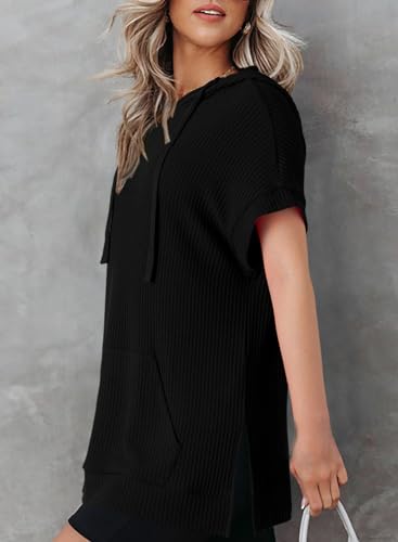 Dokotoo Womens Summer Oversized Shirts 2025 Short Sleeve Drawstring Hoodies Waffle Knit Side Slit Tunic Tops with Pocket2