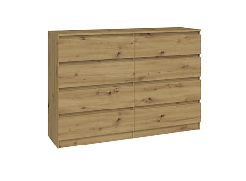 VBChome Kommode mit 8 Schubladen 140 x 40 x 97 cm Eiche Aritsan Grifflose Schubladenkommode Mehrzweckschrank für Flur Schlafzimmer Wohnzimmer Kinderzimmer Modern Eiche Aritsan