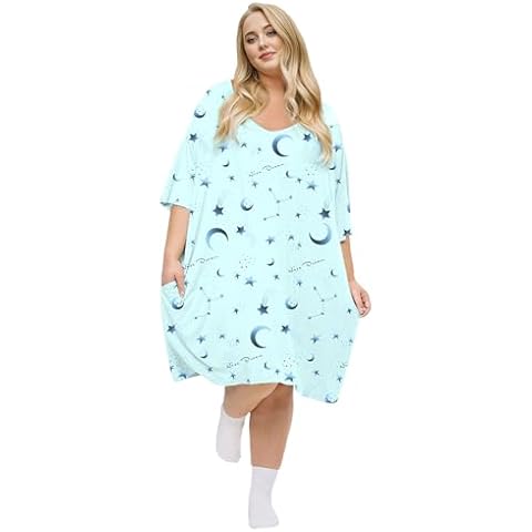 KFUBUO Plus Size Nightgowns for Women V-Neck Sleep Shirts Short Sleeves Stars Print Sleepwear With Pocket Fit S-5XL Cover
