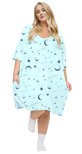 KFUBUO Plus Size Nightgowns for Women V-Neck Sleep Shirts Short Sleeves Stars Print Sleepwear With Pocket Fit S-5XL