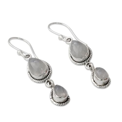 NOVICA Artisan Handmade Rainbow Moonstone Dangle Earrings Fair Trade with Sterling Silver Clear India [1.8 in L x 0.4 in W x 0.2 in D] ' Misty Teardrops'2