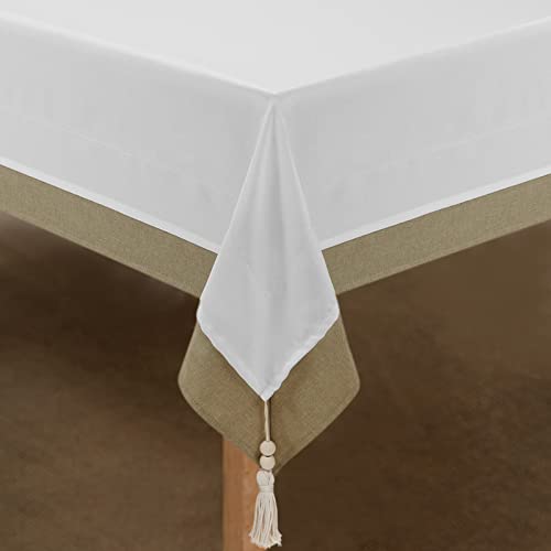 Farmhouse Flax Linen Tablecloth Rectangle 60 X 120 Inch, Boho Rustic Table Cloth For Outdoor Indoor, Waterproof Wrinkle Free Fabric Table Cover With Tassel For Kitchen Dining Room Party Decor, White #TOP3