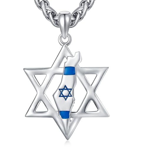 Star of David Necklace Sterling Silver Israel Map Jewish Star Necklace for Men Women