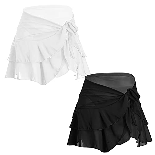 Dxhycc 2 Pieces Womens Ruffle Beach Wrap Sarong Cover Up Swimsuit Wrap Skirts Short Mini Sarong Wrap Black, White