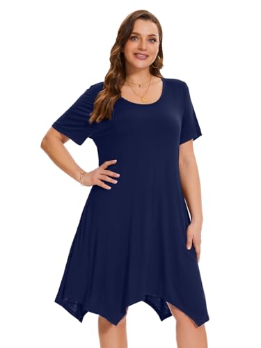 Image of ZENNILO Plus Size Tshirt Dress with Pockets Casual Summer Dresses Crew Neck Short Sleeve Swing Dress for Women