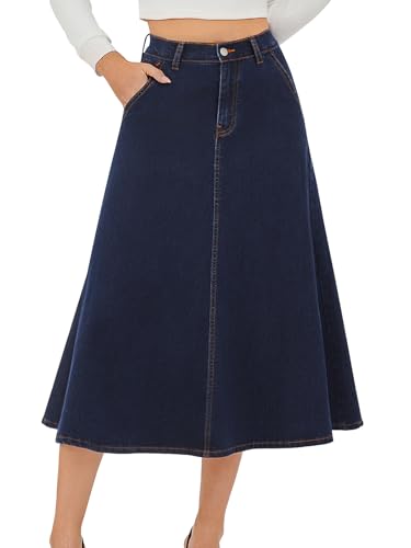HUSKARY Skirts for Women Trendy 2026 High Waisted A Line Stretchy Blue Jean Midi Skirts with Pockets