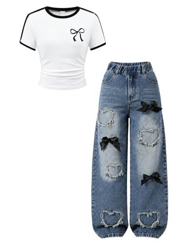 Image of Azmxynol Tween Girl Clothes Short Sleeve Top + Butterfly Design Jeans 2 Pieces Spring Summer Outfit Set, Size 6-16 Years