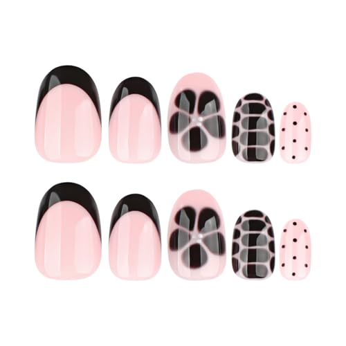 Image of Black Press on Nails Polka Dots Fake Nails Short Almond False Nail with Alligator Print Design Flower Glue on Nails Artificial Acrylic Glossy Full Cover Stick on Nail for Women Manicure 24Pcs
