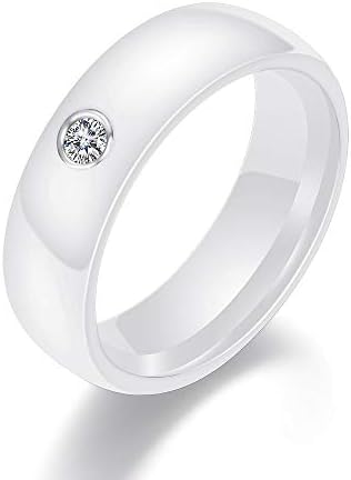 OnlyOne Elite Ceramic Ring with Inlaid Zircon Gemstone, Fashion Jewelry Wedding Band, 6mm (White, 7)