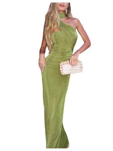 Floerns Women's Elegant Halter Maxi Dress Ruched Sleeveless Bodycon Formal Cocktail Party Dresses Green Small
