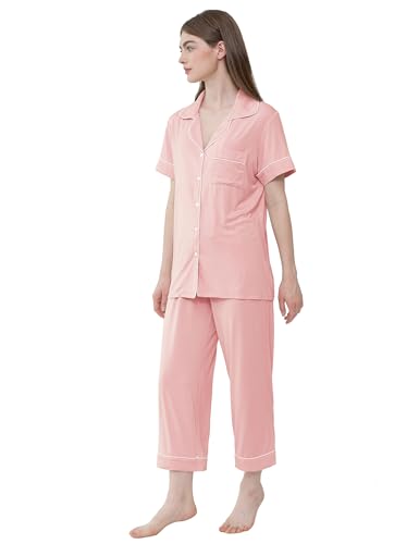 Image of Joyaria Bamboo Viscose Cooling Pajamas for Women Capri Button Front Pjs Set | Ideal for Night Sweats, Hot Sleeper Friendly, Breathable & Moisture Wicking, Short Sleeve Top