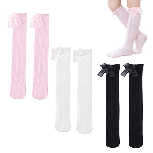 Image of TecoKart 3 Pairs Stockings for Girls, Cotton Knee Length Socks for Baby Girl, Adorable Double Bow Long Socks for Kids Girl- Perfect for Dresses, Uniforms and Casual Wear