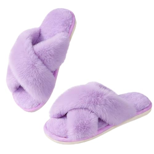 Image of Ankis Memory Foam Fuzzy Slippers for Women,Open Toe House Shoes | Faux Fur Cross Band,Indoor Outdoor Slippers, Anti-Slip, Comfy, Cozy, Fluffy, Gifts for Women, Mom Bride Bridesmaids