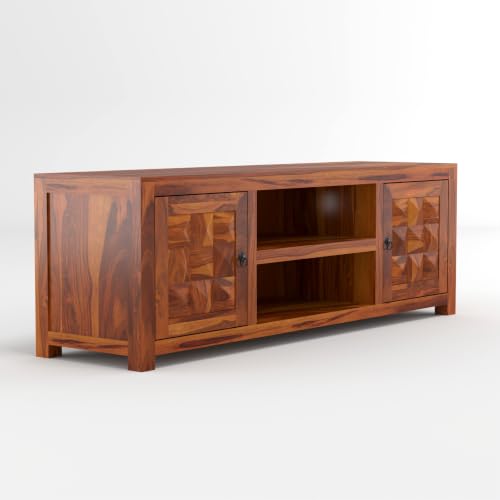 Image of Solid Sheesham Wood Entertainment TV Unit with 2 Door | Rosewood Tv Stand /TV Cabinet for Living Room | Bedroom | Wooden TV Panel with Shelf Stoarge | TV Table