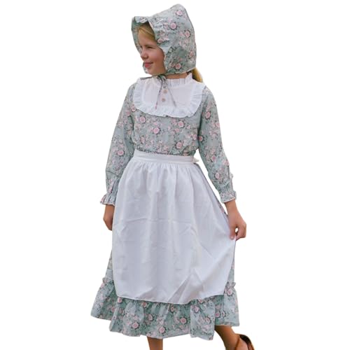 Girls Halloween Colonial Dress Prairie Pioneer Floral Long Sleeve 1800s Pilgrim Dresses with Apron and Bonnet