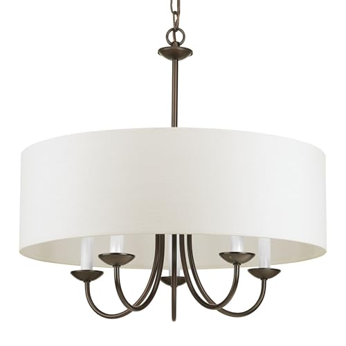 Image of Drum Shade Collection 5-Light White Textured Linen Shade Farmhouse Chandelier Light Antique Bronze