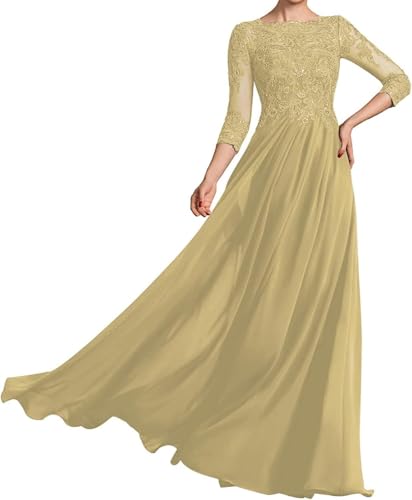 ISABUFEI-Scoop-Neck-Mother-of-The-Bride-Dress--Long-Formal-Gown-with-34-Sleeves-Lace-Applique-Dresses-Gold-US12