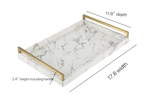 Wv 17.8 * 11.8 Inch White Pu Leather Marble Finish Decorative Tray Serving Tray Coffee Table Tray With Brushed Gold Handle For Coffee Table Console Table Ottoman (White thumb #3