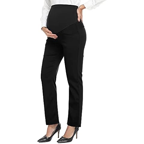 PACBREEZE Women's Maternity Pants for Work Over-Bump Pregnancy Casual Stretchy Straight Dress Pants with Pockets, Black Straight Leg Work Pants, Medium Cover