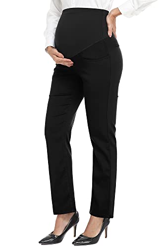PACBREEZE Women's Maternity Pants for Work Over-Bump Pregnancy Casual Stretchy Straight Dress Pants with Pockets(Black, Small)